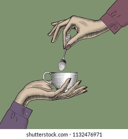 Female hands with a small coffee cup and tea spoon. Vintage stylized drawing. Vector illustration