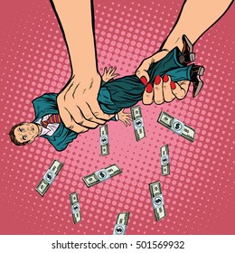 Female Hands Squeeze Men Money, Pop Art Retro Vector Illustration. Financial Exploitation Of The Business Concept