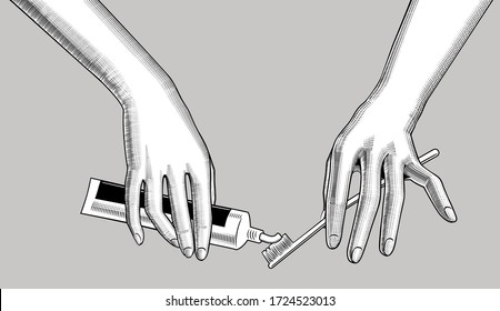 Female Hands Squeeze Toothpaste From A Tube Onto A Toothbrush. Vintage Engraving Stylized Drawing. Vector Illustration