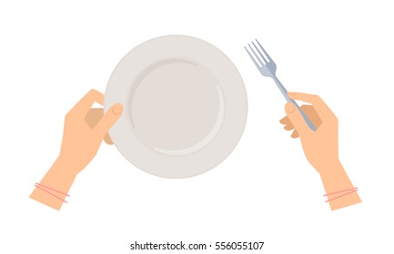 Female hands with steel fork and empty ceramic plate. Flat concept illustration of restaurant and kitchen utensils. Vector elements for web design, social networks and food infographics.