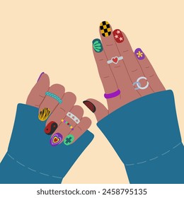 Female hands with stylish colored manicure and rings. Hand drawn vector illustration isolated on light background. Modern flat cartoon style.