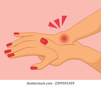 Female hands suffering painful wrist pain vector illustration. Unhappy cartoon woman holding arm suffering arthritis