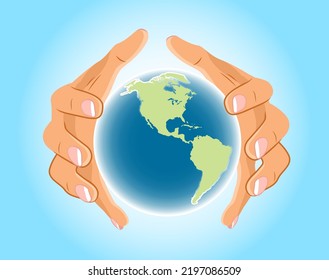 Female hands surrounding big Earth planet. Ruling the world concept