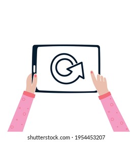Manos femeninas, tableta, flecha en círculo, vista superior. Refrescar, recargar, descargar el concepto. Ilustración plana vectorial aislada en fondo blanco.