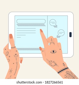 Female hands with tattoo are holding digital table and finger touch screen. Minimalistic style vector illustration for web banner, website, infographics.