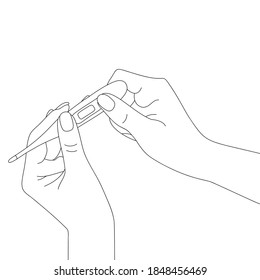 Female hands and a thermometer. Sketch. Vector illustration. Measure the temperature. Outline on an isolated background. Coloring book. Medical topics. A place to indicate the degree on the display. 