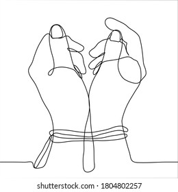 female hands tied with a rope on the wrists. one continuous line drawing concept of a prisoner in captivity, disability, loss of freedom, sit in prison, bird in a cage