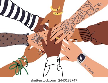 Female hands together. Diverse women work in team, involvement in community. Trust, support in teamwork concept. People put arms in circle. Flat isolated vector illustration on white background