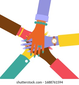 Female hands together. Set of different races. The concept  volunteering charity, togetherness, partnership, unity, social community or movement. Flat cartoon style. Vector illustration.