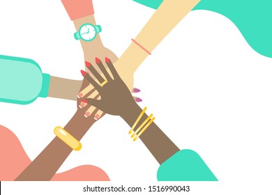 Female hands together, sisterhood, feminism. International Women's Day March 8th. Vector illustration in flat style. Banner design.