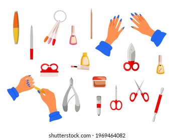 Female hands and tools for performing manicure at home or in a beauty salon. Equipment collection with nail files, nippers, scissors. Caring for the health of hands and nails. Beauty salon icons. Vector 