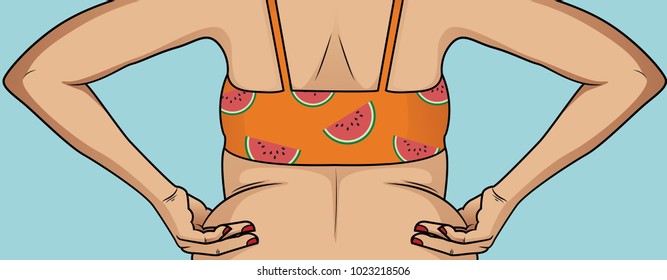 Female hands touching her fat on body 