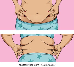 Female hands touching her fat on body 