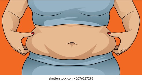 Female hands touching her fat on body 