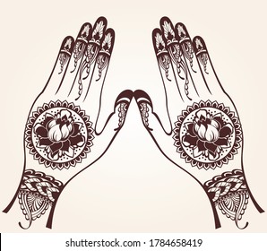 Female hands with traditional indian henna tattoo. Template for tottoo salon banner