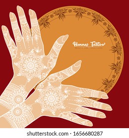 Female hands with traditional indian white henna tattoo. Template for tottoo salon banner, wedding invitation, gift voucher, label. Vector illustration.