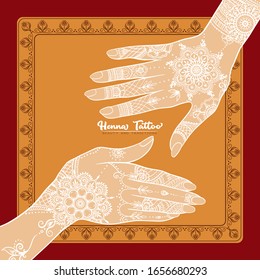 Female hands with traditional indian white henna tattoo. Template for tottoo salon banner, wedding invitation, gift voucher, label. Vector illustration.