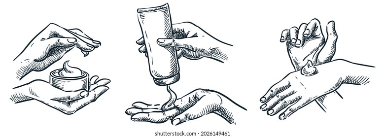 Female hands with tube and jar of cream. Woman applying treatment lotion on cuticle. Hand drawn vector sketch illustration. Skin care, manicure and spa procedures design elements