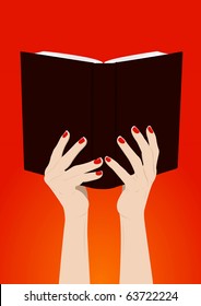 Female hands turns book page with copy space