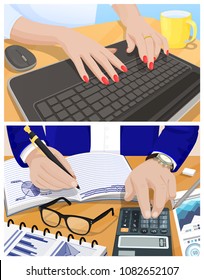 Female hands type on keyboard, male ones write in notebook. Accountant secretary typing annual report and make calculations vector illustration poster