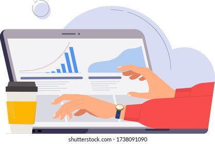 Female hands typing on the laptop keyboard, working in the internet with diagrams and charts. Top view of people working with computer. Coffee is on the table. Vector concept illustration.