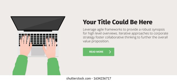 Female hands typing text on the laptop keyboard with black screen monitor. Landing idea, poster with text and button. Flat vector illustration.