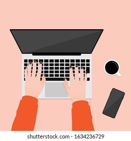 Female hands typing text on the laptop keyboard with black screen monitor. Flat vector illustration.