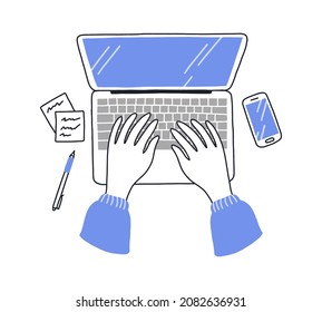 Female hands typing text on laptop keyboard. Top view of people working with computer at the work desk. Work desk in office. Work at home concept. Flat modern vector illustration. Hand drawn style.