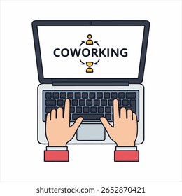 Female hands typing text on laptop keyboard. Coworking Concept with Laptop and Hands Illustration