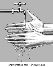 Female hands under a stream of water running down from a tap. Vintage engraving stylized drawing. Vector illustration