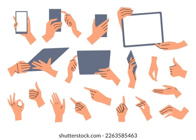 Female hands. Various gestures and positions. Hands hold and use tablet and phone. Gestures Ok, thumb up, point with index finger. Flat style. Vector illustration isolated on white.