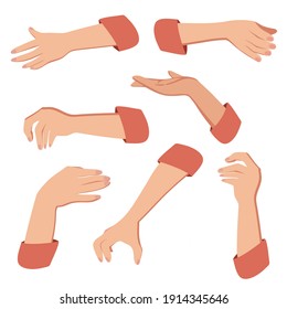 Female hands various hand gestures sign vector illustration of hands in an open gesture. Use for postcards, posters, banners, web designs, and t-shirt prints. Vector flat illustration of female hands.