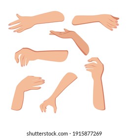 Female hands various hand gestures sign vector illustration of hands in an open gesture. Use for postcards, posters, banners, web designs, and t-shirt prints. Vector flat illustration of female hands