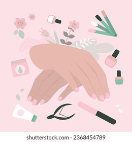 Female hands and various manicure accessories, equipment, tools. Nail scissors, nail file, tweezers, nail polish, hand cream, nail polish remover and brush. Beauty studio, workplace. flat vector