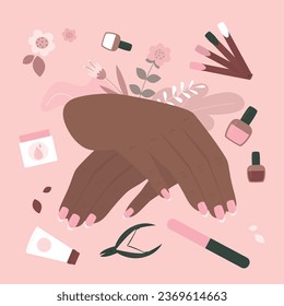 Female hands and various manicure accessories, equipment, tools. Nail scissors, nail file, tweezers, nail polish, hand cream, nail polish remover and brush. Beauty studio, workplace. Top view. vector