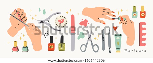 Female hands and Various manicure accessories,\
equipment, tools. Nail scissors, nail file, tweezers, nail polish,\
hand cream, polish remover, brush etc. Hand drawn big colored\
vector set