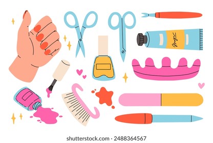 Female hands and Various manicure and pedicure accessories, equipment, tools. Nail scissors, nail file, nail polish, hand cream, brush etc. Hand drawn big colored vector set