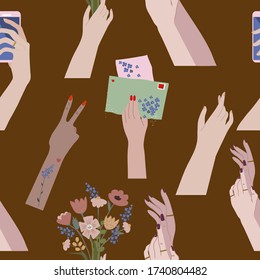 Female hands, in various poses and various objects with hands.Cartoon style and flat design. 