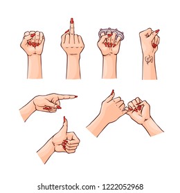 Female hands vector illustration set with various hand drawn woman wrists showing different gestures isolated on white background. Girl arms with manicure and red nail polish.