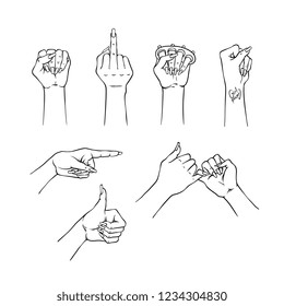 Female hands vector illustration set with various hand drawn woman wrists showing different gestures isolated on white background - girl arms with manicure and red nail polish.