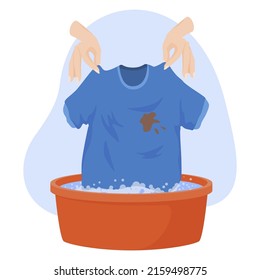 Female hands washing clothes in red basin with foamy water vector flat illustration. Woman arms cleaning blue t shirt with dirty spot isolated. Housekeeping housework and chores. Domestic laundry