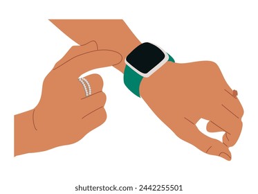 Manos femeninas usando reloj inteligente en vector de muñeca.