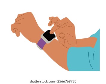 Female hands wearing smart watch on wrist. Finger touching screen. Modern technology concept. Vector colorful illustration isolated on white background. 