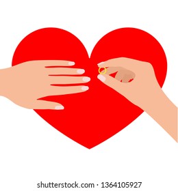 Female hands with wedding ring on background of heart. Proposal to create family union. Marriage of women, female marriage. Vector illustration