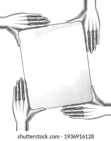 Female hands with a white sheet of paper. Vintage engraving stylized drawing. Vector illustration 