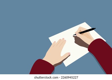 Female hands and a white sheet of paper on the background of a blue table, the intention to write, a flat vector, a letter, a wish list, a shopping list