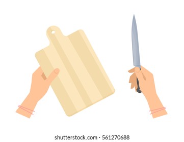 Female hands with wooden cutting board and steel kitchen knife. Flat concept illustration of restaurant and household utensils, meal preparation tools. Vector elements for web design, food infographic