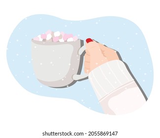 Female hands in wool sweater holding a cup of coffee with marshmallows. Flat vector stock illustration.