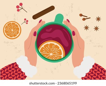 Manos femeninas en un suéter de lana sostienen una taza de vino tinto, té con una tajada de naranja, alrededor hay ingredientes para el vino a la parrilla, canela, clavos, cardamomo. Vista superior. Ilustración vectorial plana.