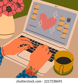 Female hands working on laptop. Coffee, flowers on working desk. Point of view on Laptop screen. Working, studying, work from home concept. Hand drawn modern Vector illustration